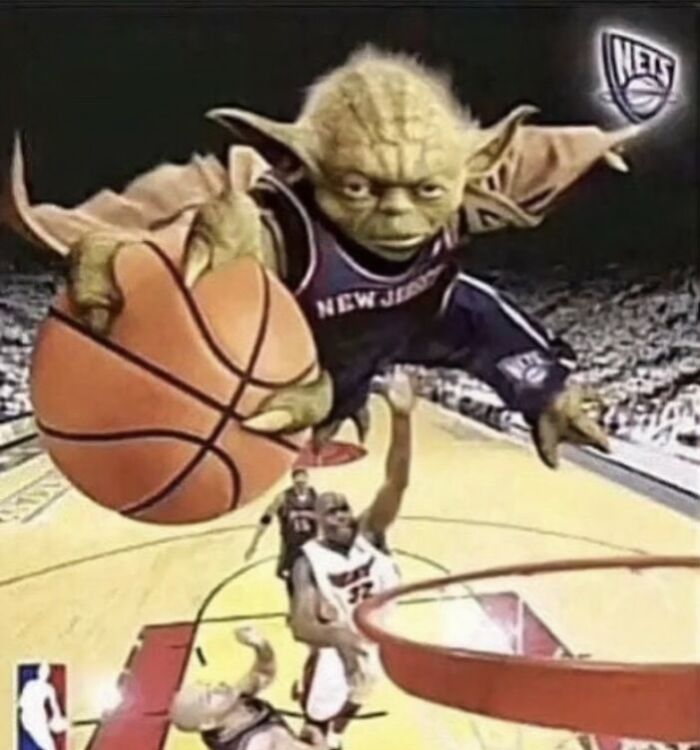 Yoda in a New Jersey Nets jersey, dunking a basketball on a court, showcasing humorous creativity from an IG page.