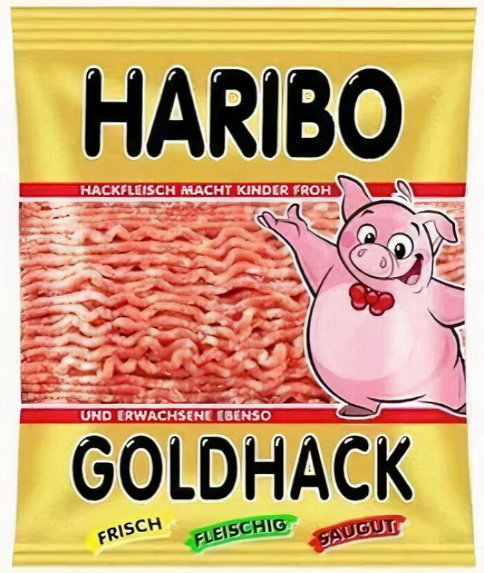 Haribo parody with a cartoon pig on a packet labeled Goldhack, mimicking candy packaging.