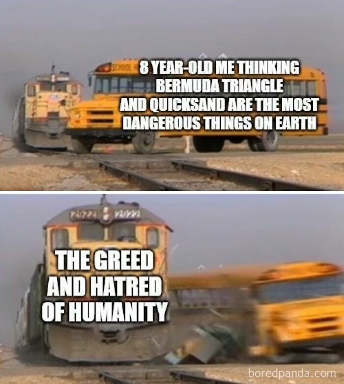 Train crashing into bus meme highlighting humorous take on life's dangers.