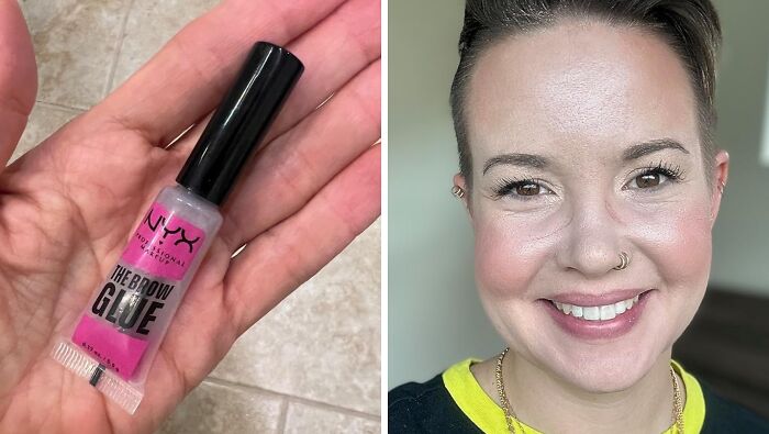 NYX brow glue in hand; smiling person with styled brows using show-stopping finds.