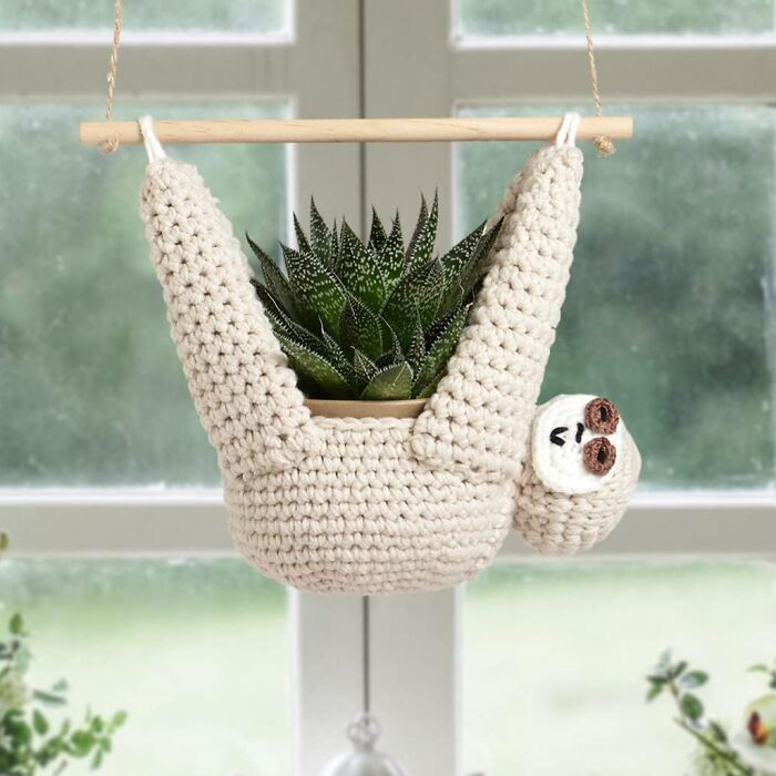 Crochet sloth plant hanger with succulent, a show-stopping find hanging by a window.
