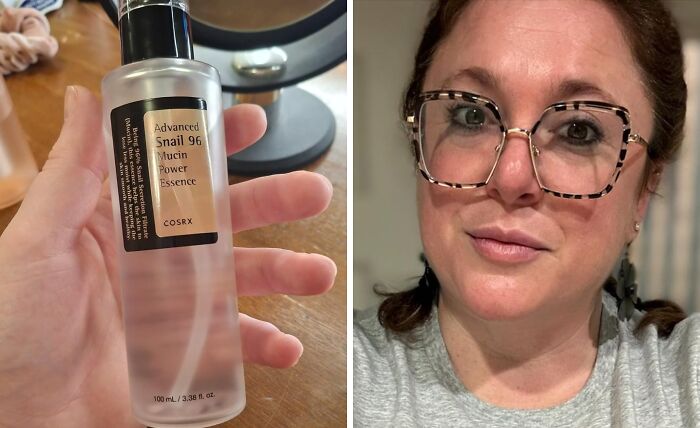 Person holding snail mucin essence bottle; woman wearing glasses smiles. Show-stopping find.