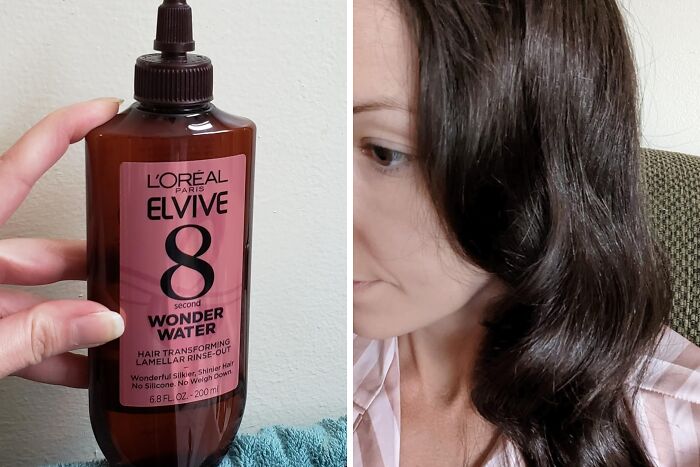 L'Oreal Wonder Water bottle with a hand holding it, and woman showcasing sleek hair after use.