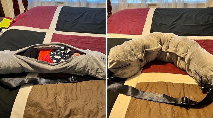 Cozy travel pillow rolled on a bed, showcasing innovative and show-stopping design for adventure enthusiasts.