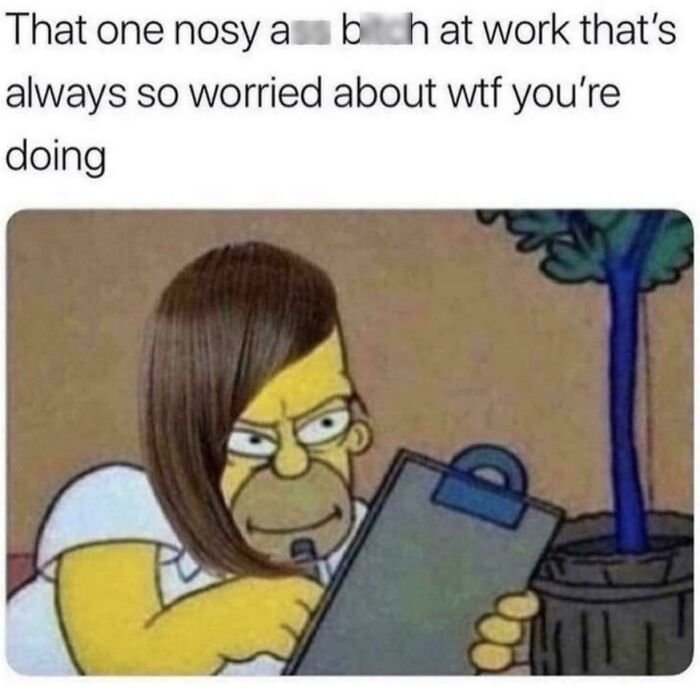 Cartoon character with a wig holding a clipboard and glaring, capturing a funny work meme scenario.