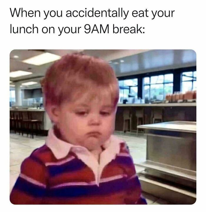 Child making a disappointed face in a cafeteria, illustrating a funny work meme about eating lunch too early.
