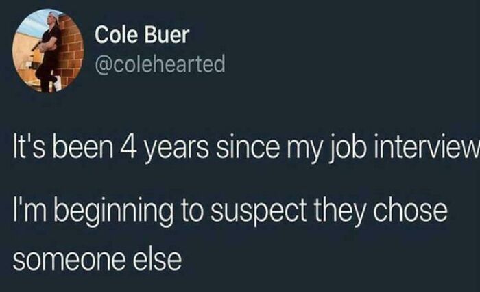 Tweet about a job interview delay, showcasing a funny work meme to lighten the mood of a long week.