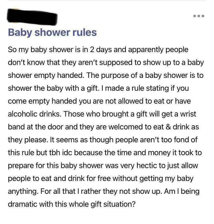 Text discussing guests' lack of self-awareness at a baby shower, highlighting gift rule for entry and access to food and drinks.