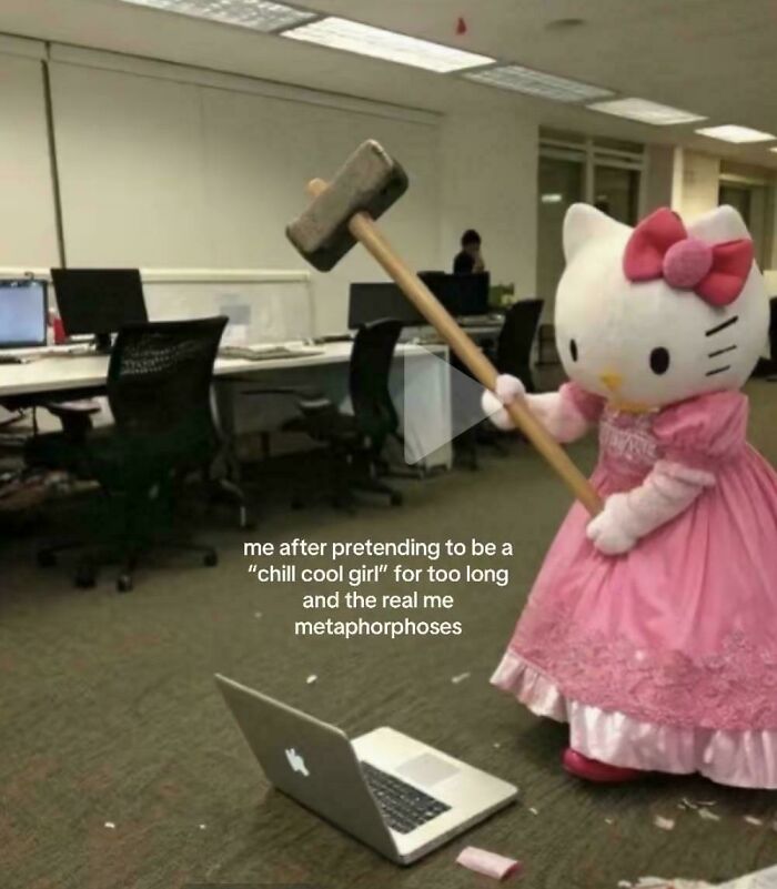Hello Kitty in office attire holding hammer, funny work meme reflecting stress humor.