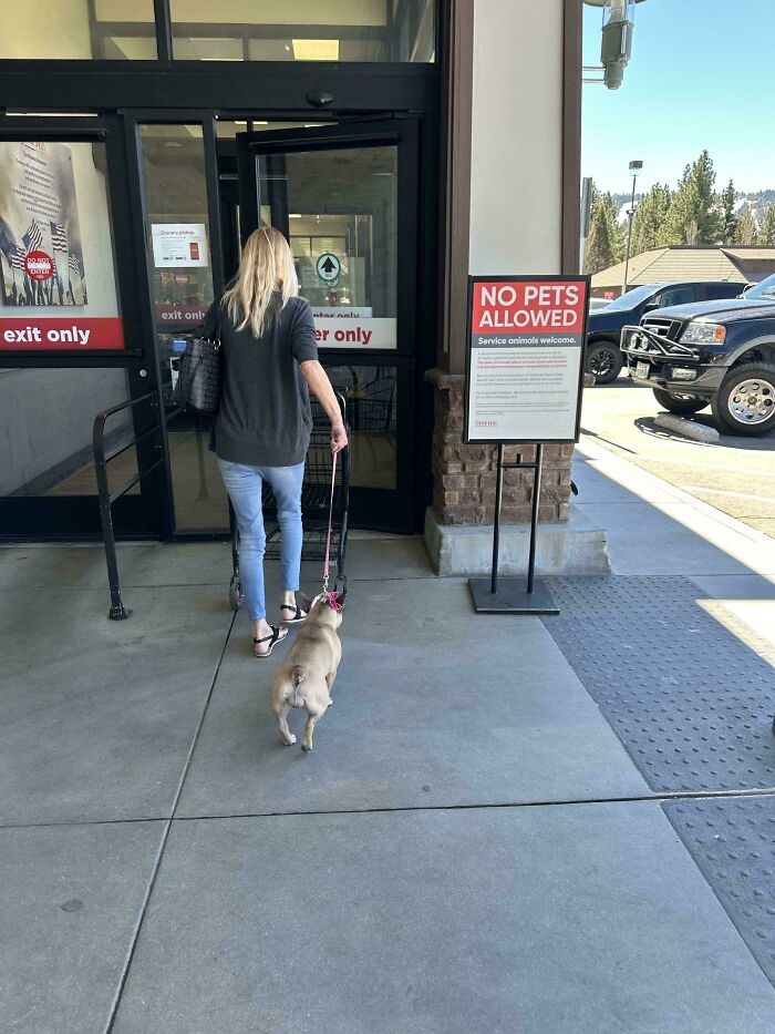 Woman entering store with dog, ignoring "No Pets Allowed" sign, highlighting lack of self-awareness.