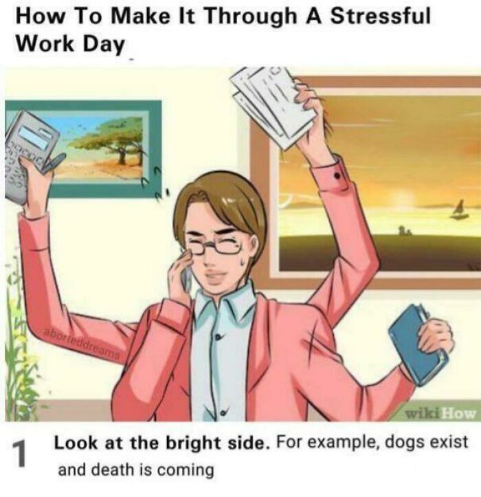 Man with six arms multitasking in office, displaying funniest work meme about staying positive during stressful days.