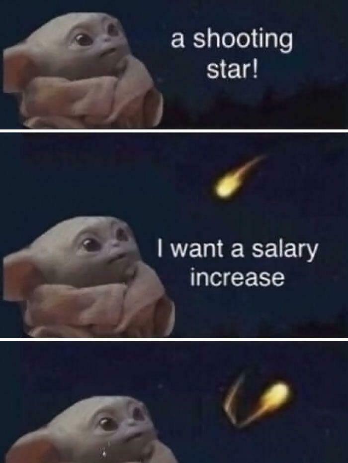 Baby character wishes for salary increase at shooting star, humor work meme.