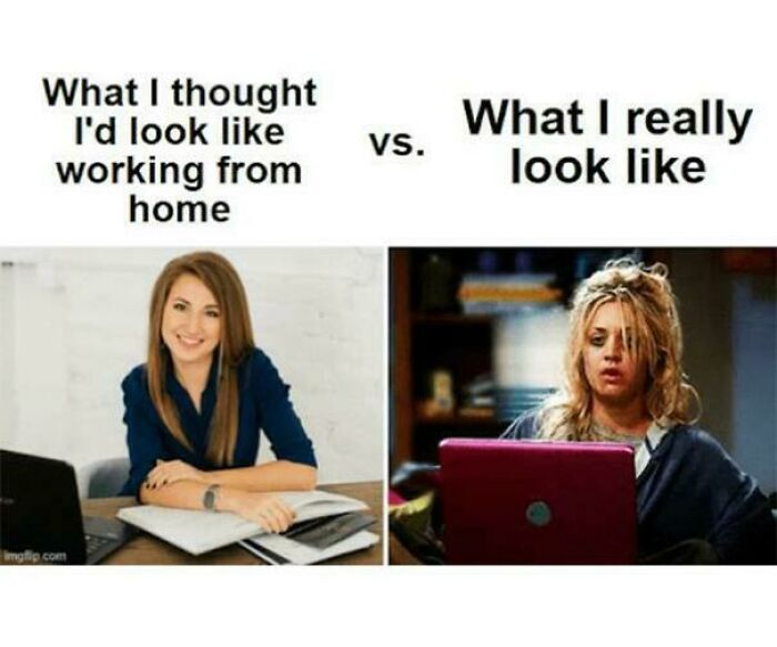 Split image of work memes: left shows a professional appearance, right depicts disheveled reality working from home.