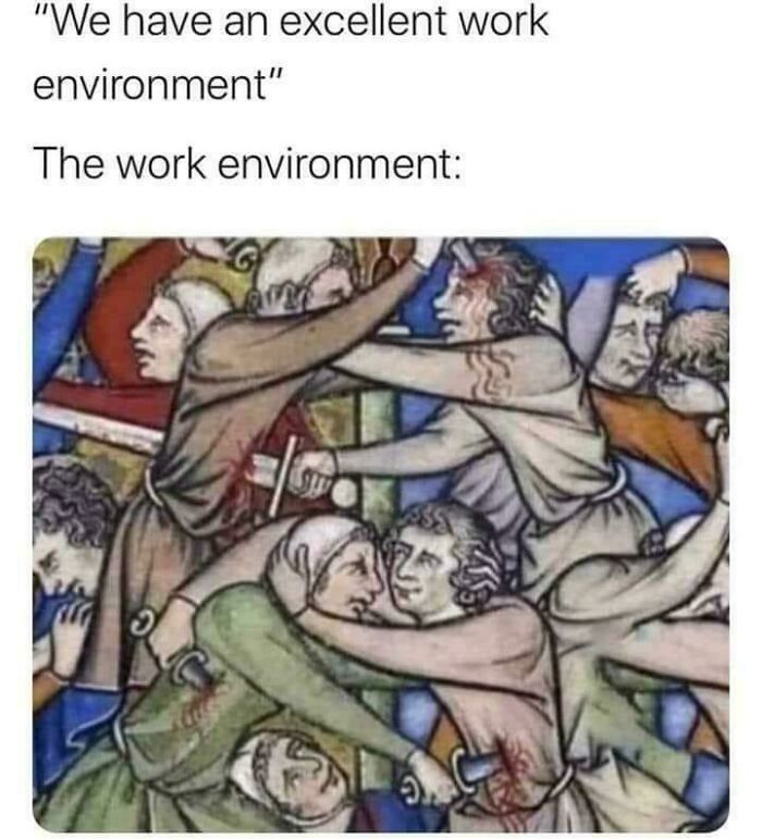 Medieval painting humorously depicts chaotic work environment, highlighting the funniest work memes.