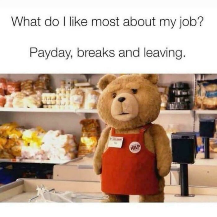 A bear in a store with a red apron, humorously highlighting funny work meme about enjoying payday, breaks, and leaving.
