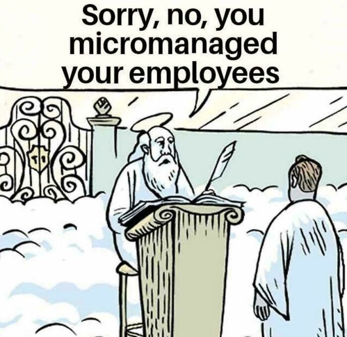 Heavenly scene with a humorous work meme about employee micromanagement.