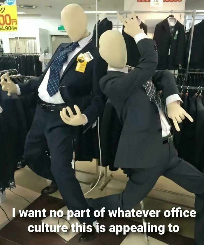 Two mannequins in suits striking funny poses in a store, with text about avoiding office culture.
