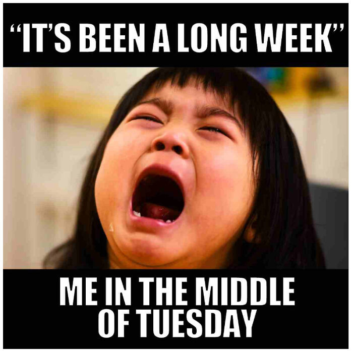 Child crying, caption reads "It's been a long week, me in the middle of Tuesday," illustrating a funny work meme.