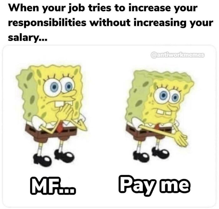 SpongeBob meme about work responsibilities and salary; funny work meme scene.