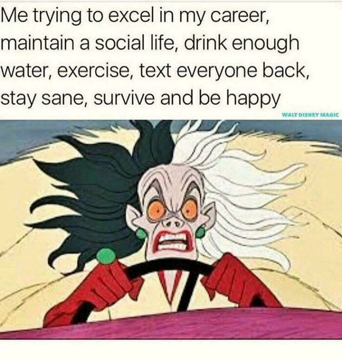 Cartoon character driving frantically, capturing the stress of balancing career and life; a funny work meme for a hectic week.