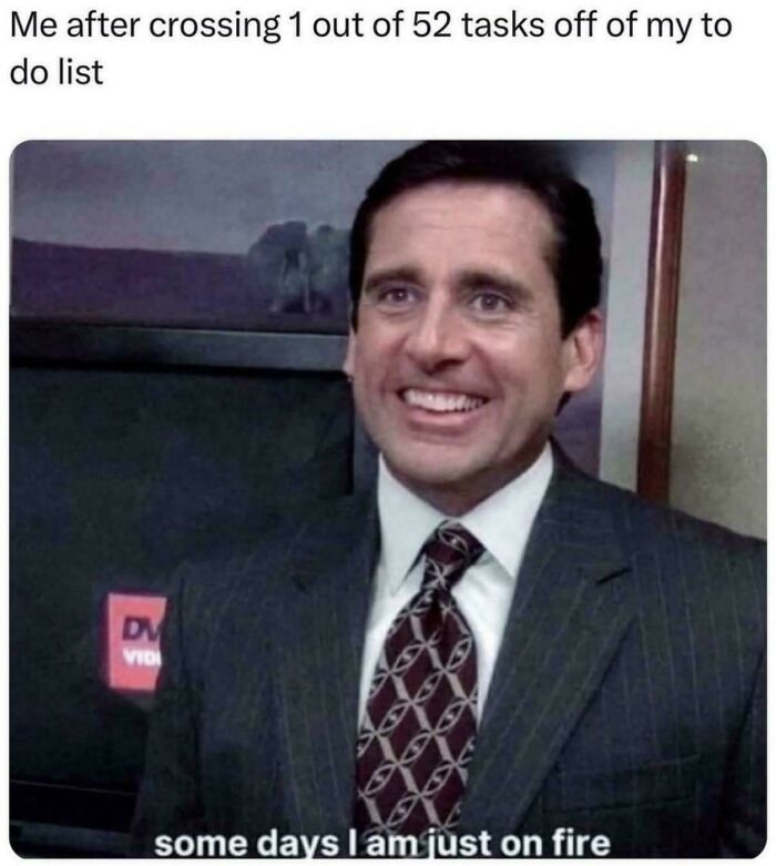 Smiling man meme about work tasks humor, showing satisfaction after completing a small part of a long to-do list.