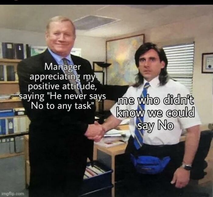 Manager and employee humorously shaking hands, embodying funny work memes with text about never saying no to tasks.
