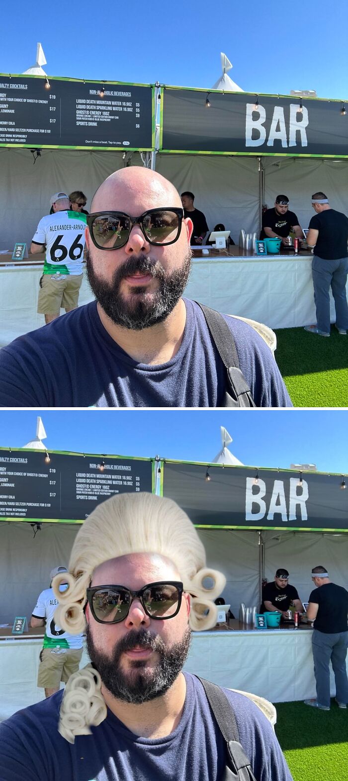 Man at bar with edited wig in a funny photo request.