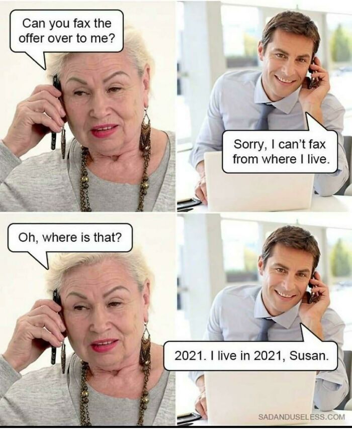 Man jokingly tells coworker he can't fax from 2021, a funny work meme highlighting generational tech gaps.