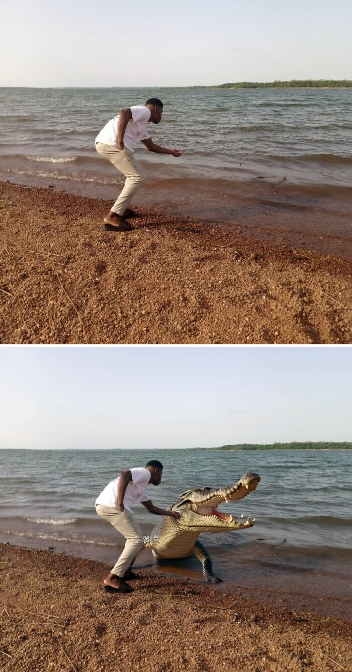 Man posing near water edited with a comedic touch, adding a large crocodile using photo editing.