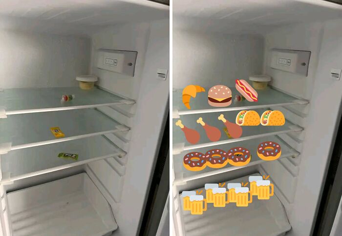 Fridge photo edit shows an empty fridge on the left and one filled with food graphics on the right.