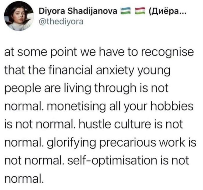 Tweet about hustle culture and financial anxiety; funny work memes reflecting on modern work-life challenges.