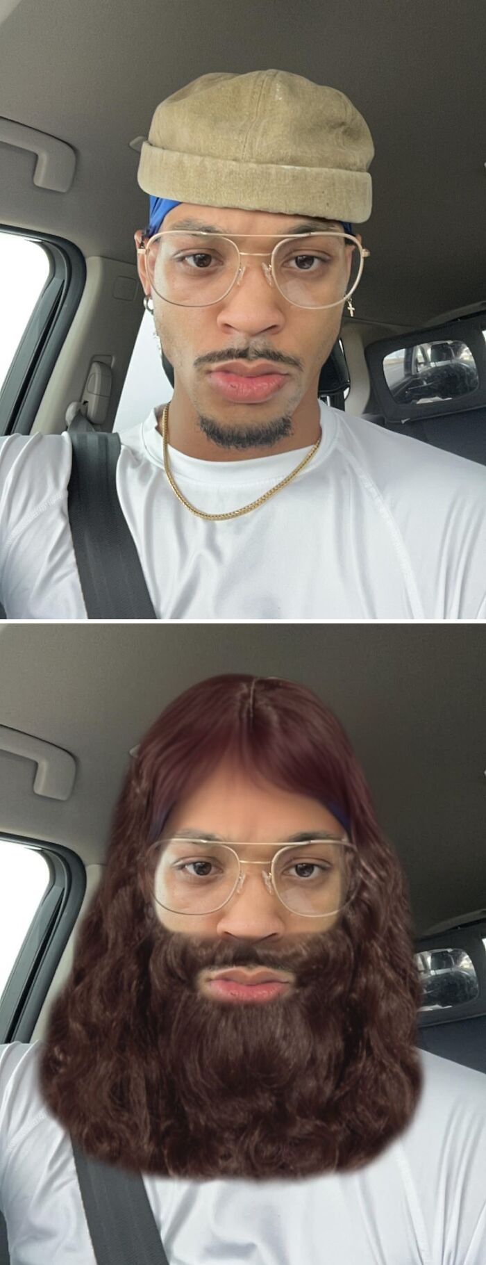 Man in car with edited beard and hair, showcasing funny photo edits from FB group.