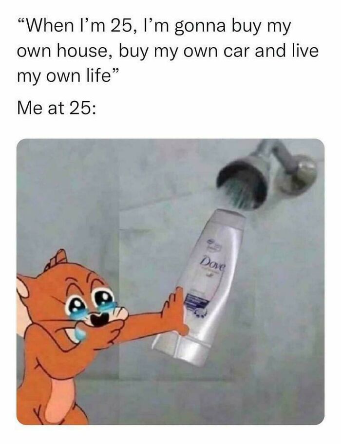 Funny work meme: Cartoon character crying with a shampoo bottle in the shower, highlighting life's unexpected twists.