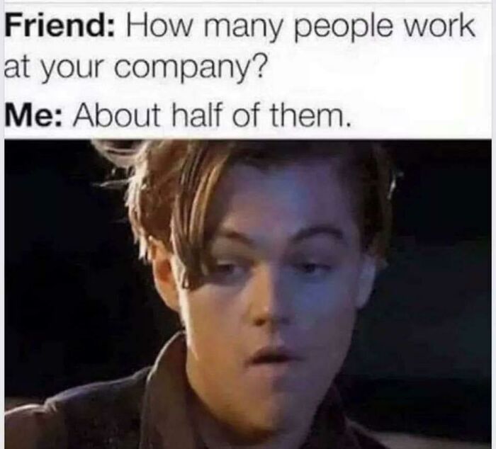 Funny work meme with text: "Friend: How many people work at your company? Me: About half of them," featuring a surprised face.