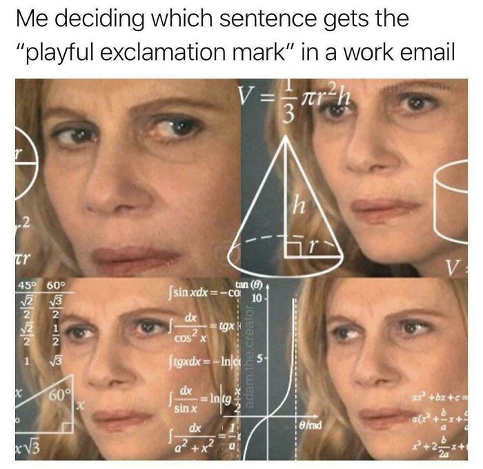Confused woman surrounded by math equations, humorously deciding on using an exclamation mark in a work email.