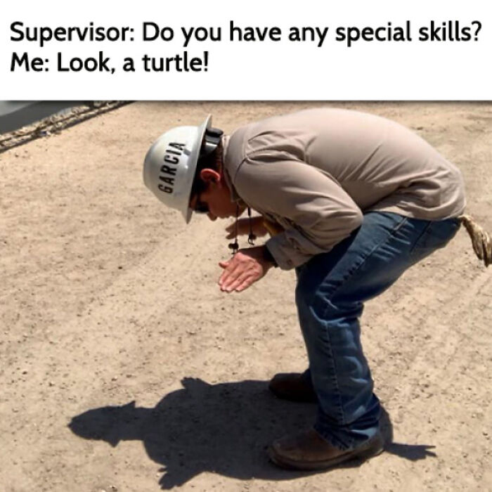 Construction worker humorously mimics a turtle, bending down with hands cupped, in a funny work meme.