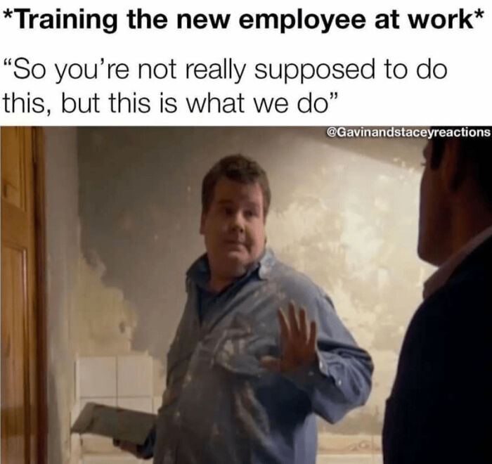 Man explaining work routine with a humorous twist as part of a funny work meme.