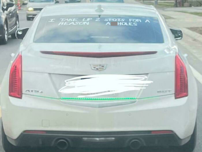 Car with a message on rear window shaming people for poor parking awareness.