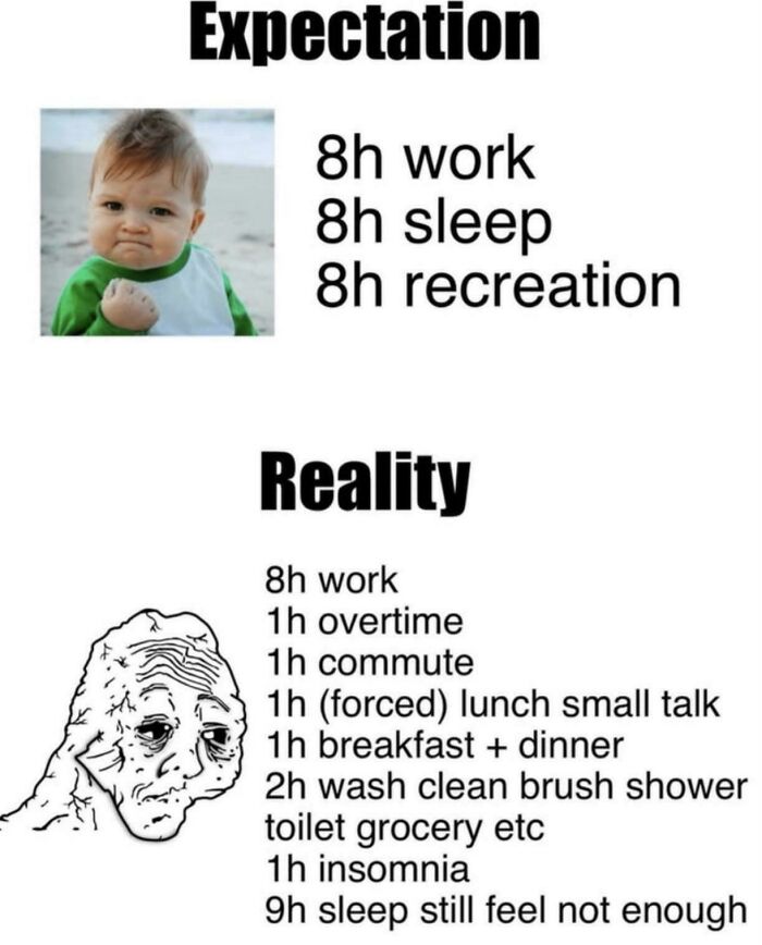 "Funny work meme contrasting ideal day vs. reality with baby success and tired face illustration."