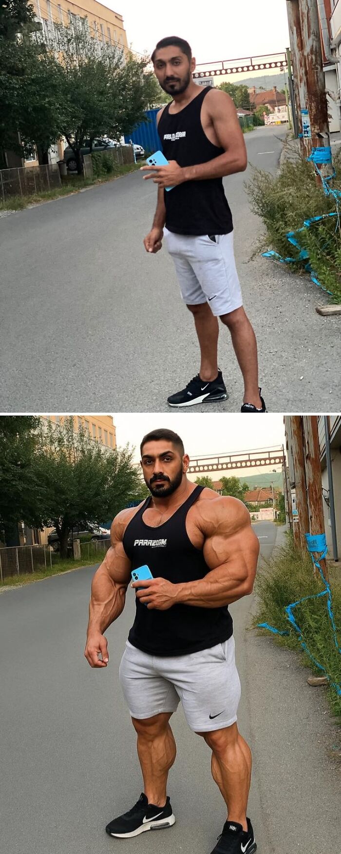 Man holding phone edited to appear muscular; funny photo edit from a Facebook group.