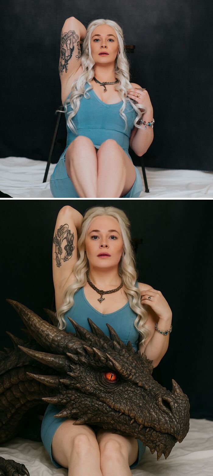 Person in a blue dress edited to have a dragon companion, showcasing funny photo edits from an FB group.