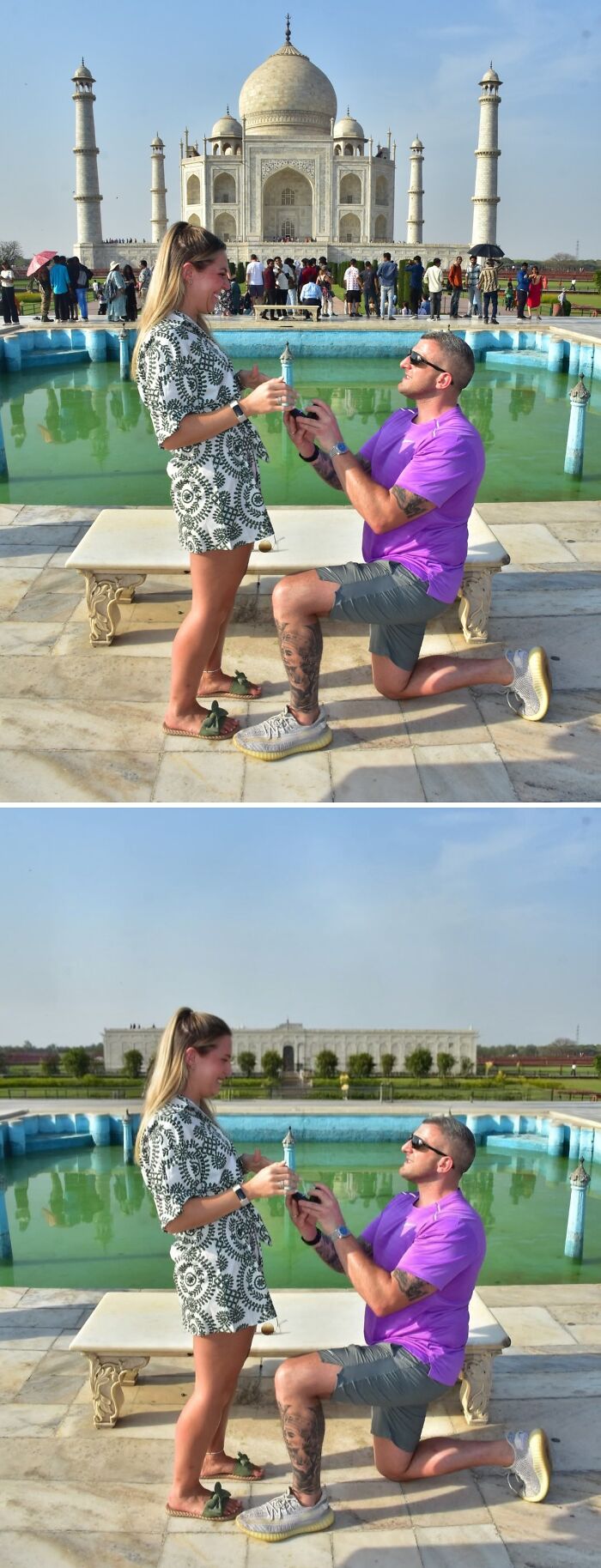 Man proposing to woman at Taj Mahal with a comical tiny edit of the monument in their hands.