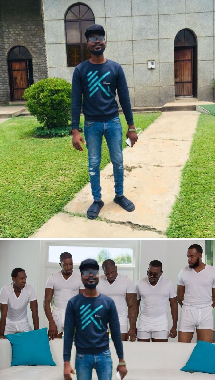Man in sunglasses and hat standing outside, then humorously edited into a group photo indoors by a FB group.