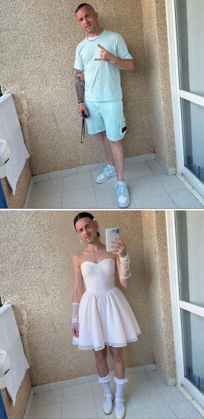 Person poses on balcony; first in casual outfit, then in edited photo wearing a white dress. Photo edits highlight humor.