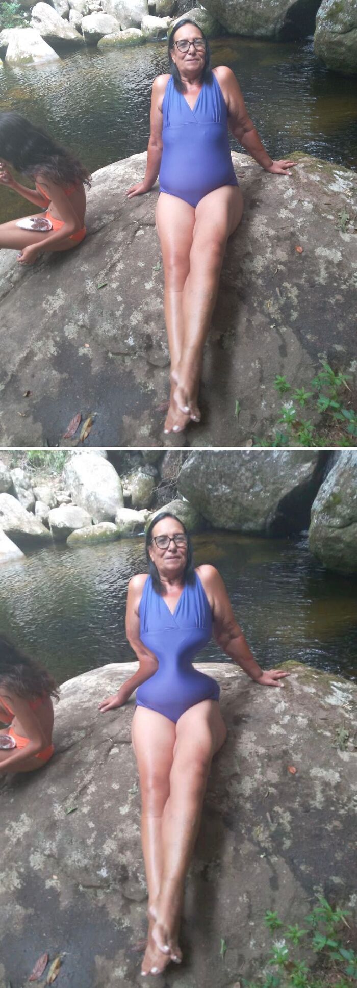 Funny photo editing of a woman at a rocky riverside in a blue swimsuit, showing before and after edits.