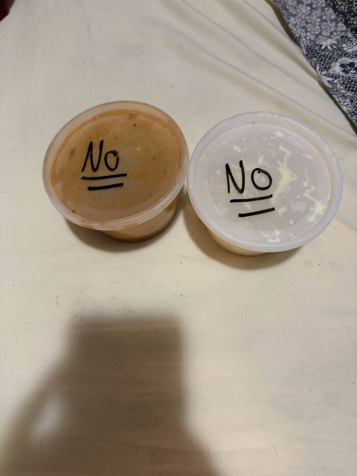 Two food containers labeled "No" highlight lack of self-awareness on a table.