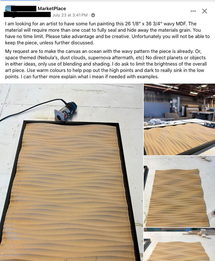 Wavy MDF board with a woodworking tool, seeking creative paint ideas, featured in people shaming post.