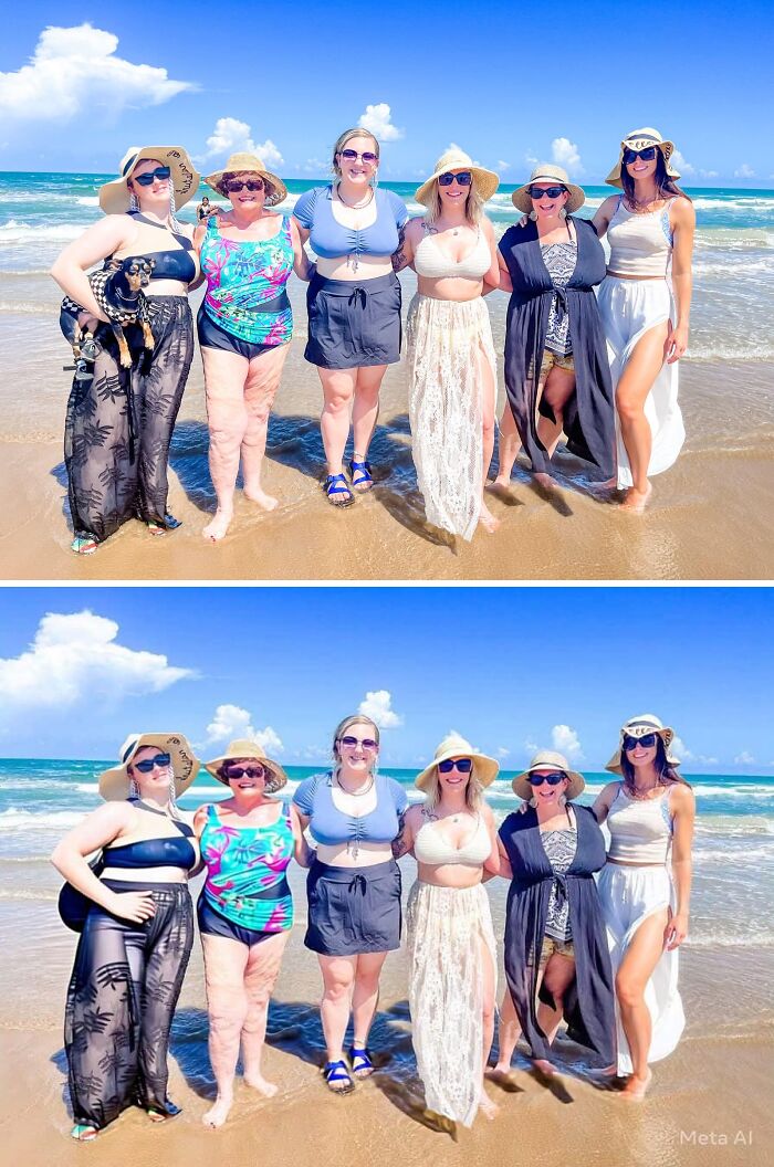 Group of women on a beach, humorously edited, wearing summer outfits and hats, enjoying a sunny day by the sea.