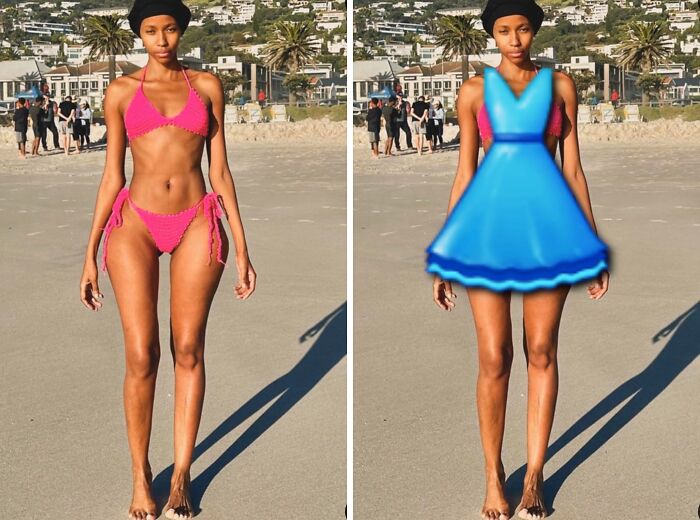 Person at beach in pink swimsuit edited to wear a blue dress, showcasing funny photo edits.