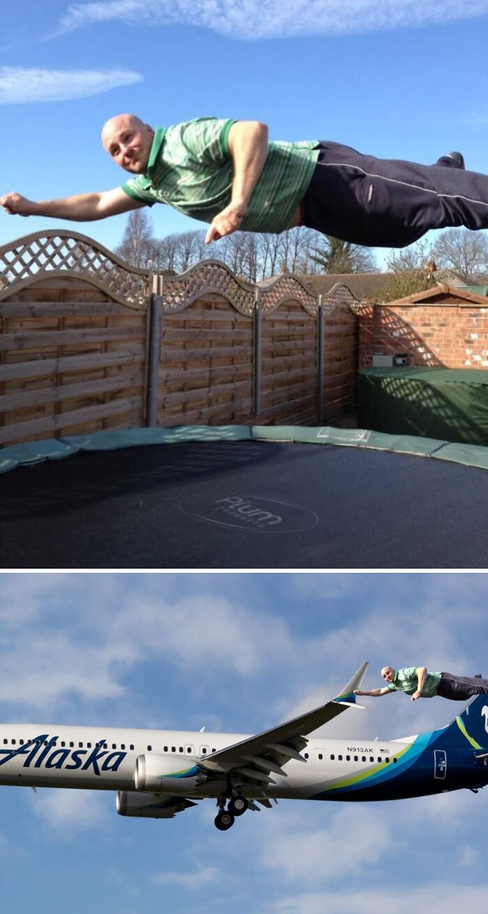 Man edited to appear flying on a plane wing, humorously edited photo.